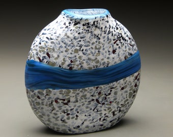 white strata vase, etched hand blown glass vase