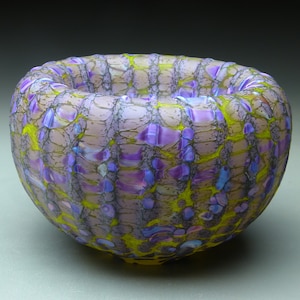 purple treasure bowl, etched hand blown glass bowl