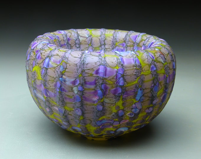 purple treasure bowl, etched hand blown glass bowl
