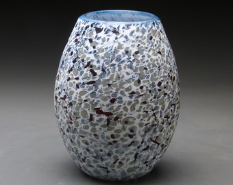 white glass vase, etched hand blown glass vase