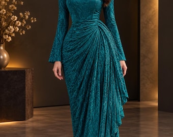 Women's Ruched Maxi Dress, Long Sleeve Bodycon Party Dress