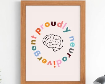 May include: A framed print with the words "proudly neurodivergent" encircling a brain illustration. The text is in various colors. The frame is a light brown color. The print is on a wooden desk with a lamp and plant.