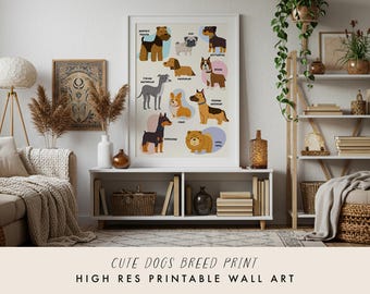 Puede incluir: Una impresión enmarcada con ilustraciones de varias razas de perros, incluyendo un terrier, un pug y un dachshund. La obra de arte se exhibe en un mueble blanco en un salón, con el texto "CUTE DOGS BREED PRINT" en la parte inferior.