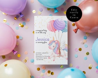 Unicorn 5th Birthday Invitation, Girls 5th birthday party Invite, Pastel Rainbow Unicorn Invitate, Magical Party Invite, Unicorn 5 year old