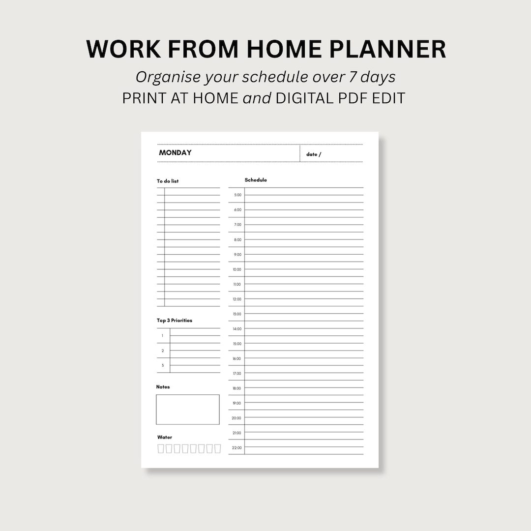 Printable Work From Home Planner | Classic Daily Schedule PDF | Hourly ...