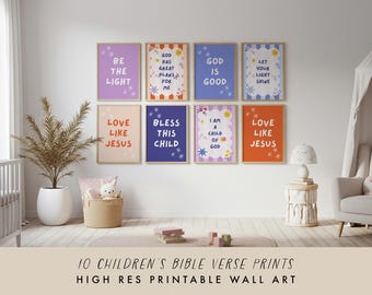 Paquete de impresiones de versículos bíblicos cristianos para niños, decoración cristiana para guardería, impresión de las Escrituras para niños, póster de "Niño de Dios", arte mural de fe para niñas.