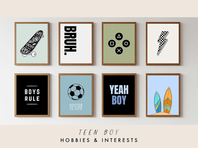 Teen Boys Room Wall Art Bundle, Teen Boy Sport and Hobbies Room Decor ...