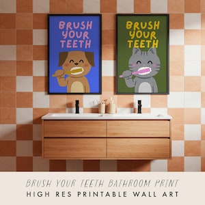 Brush Your Teeth Kids Bathroom Poster: Cat & Dog Art (Digital Download