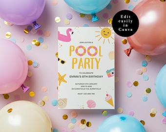 Pool party birthday invite, summer girls birthday invite, hand drawn pool party invite, girls editable birthday template, swim party invite