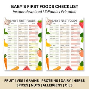 Baby Food Introduction Checklist & Weekly Meal Planner | Baby First Food Checklist | Canva Printable