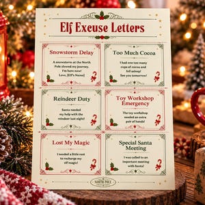 Può includere: Un cartoncino color crema intitolato Elf Excuse Letters con sei riquadri rettangolari dai bordi rossi e verdi. Ogni riquadro contiene una scusa a tema natalizio, come Snowstorm Delay, Too Much Cocoa, Reindeer Duty, Toy Workshop Emergency, Lost My Magic e Special Santa Meeting, decorati con icone di agrifoglio e bastoncini di zucchero.