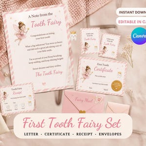 May include: A printable Tooth Fairy set featuring a letter, certificate, receipt, and envelopes with pink and white striped borders. The items include illustrations of a fairy and a tooth, with text reading A Note from the Tooth Fairy, First Tooth Certificate, and Fairy Mail. A gold star wand and a small drawstring pouch with a gold tooth icon are included.
