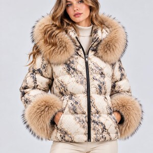 Women’s Luxury Python Print Leather Puffer Jacket with Oversized Faux Fur Hood & Cuffs, Elegant Winter Coat