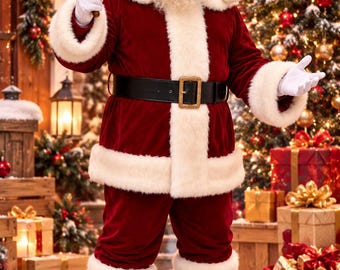 Herenkostuum als kerstman – Rode fluwelen kerstjas en bijpassende broek, kerstkostuumset