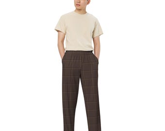 Cocoa Brown Check Wide-Leg Lounge Trousers with Drawstring Waist