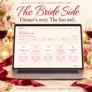Pode incluir: Um computador portátil exibindo a interface do jogo interativo de chá de panela The Bride Side com categorias como Talk Your Way Out, Love Letters, Look Twice, Three Clues, One Thing e Wedding Plot Twists com valores de pontos.