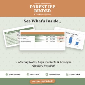 Puede incluir: Un archivador digital Parent IEP Binder y rastreador de progreso con superposiciones de documentos blancos que muestran una instantánea IEP, objetivos anuales con porcentajes de dominio y un gráfico de barras de estado. Incluye notas y glosario.