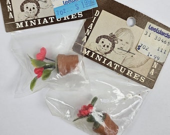 Vintage Miniature Dollhouse Flower Pot + Plants, Original Packaging, Antique Mini Flowers