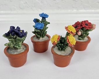 Vintage Miniature Potted Flowers, Dollhouse Garden Decor, Antique Mini Flowers in Pots