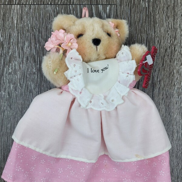 Vintage Tiny Teddy Bear w/ Tag, 4" Teddy Bear in Pink Dress, Stuffed Toy Bear w/ "I Love You" Message, Vintage Toy, Antique Toy, Collectible