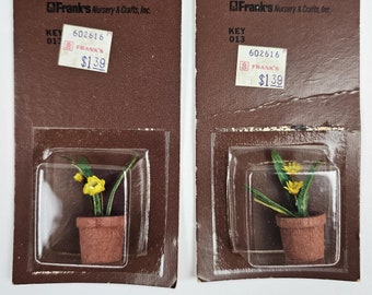 Vintage Miniature Yellow Flowers in Clay Pots, Antique Mini Plants