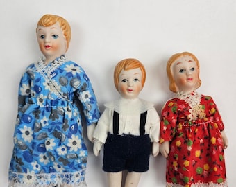 Vintage Porcelain Dollhouse Doll Family, Miniature Siblings, Antique Mini Mom, Dad, Boy + Girl Dolls