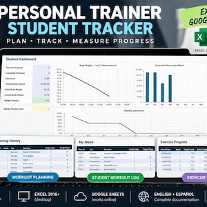 Pode incluir: Uma planilha digital de acompanhamento de alunos para personal trainer compatível com Excel e Google Sheets. A tela exibe um painel com gráficos de peso corporal, adesão semanal, histórico de planejamento, registros de treino e progresso.