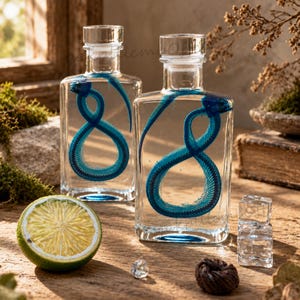 Puede incluir: Dos botellas de vidrio rectangulares y transparentes, cada una con un esqueleto de serpiente azul sumergido en líquido. Las botellas tienen tapones de vidrio transparente y están colocadas en posición vertical. Las serpientes forman un ocho.