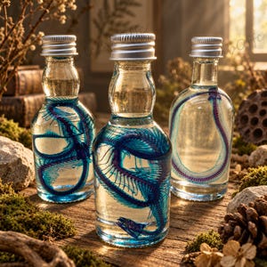 Puede incluir: Tres botellas de vidrio transparente con tapas de rosca plateadas, cada una con un espécimen esquelético azul y morado sumergido en líquido. Las botellas están dispuestas en grupo, mostrando las intrincadas estructuras óseas.