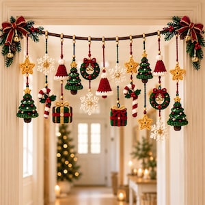 May include: A decorative Christmas garland featuring various crocheted ornaments including green trees, red and white candy canes, white snowflakes, yellow stars, red and green gift boxes, wreaths, and hats, all suspended from a wooden branch.