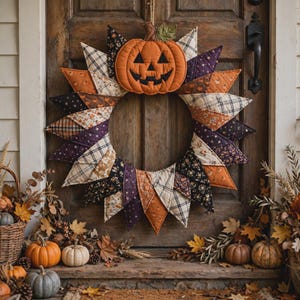 Patchwork-Kürbisstern-Kranzmuster, gesteppter Stoff für Halloween-Türdekoration (PDF)