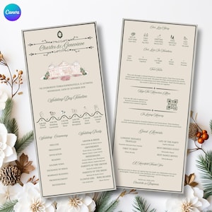 Plantilla de programa de boda en color verde oliva inspirada en la alta sociedad, programa de ceremonia editable en Canva (PDF de 4x9 pulgadas).