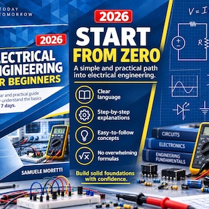 May include: A book titled Electrical Engineering for Beginners 2026 by Samuele Moretti, featuring a blue cover with technical diagrams. Beside it are a yellow digital multimeter displaying 5.17, electronic components, and circuit boards.
