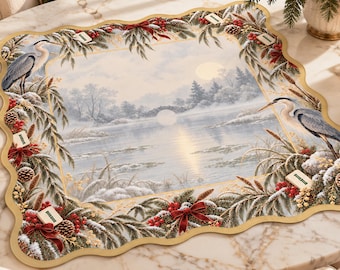 Mahjong Playing Mat Game Table Topper Polyester Fabric Gilded Heron Collection by Katelyn Mae Design Non Slip Mah Jongg Scalloped Edge Mat