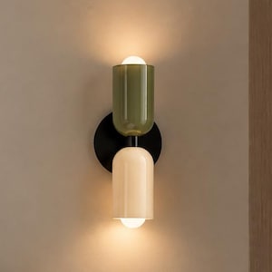 Kinkiet z podwójnym cylindrem. Geometryczna, ręcznie robiona, kolorowa lampa ścienna. Minimalistyczna, zielono-beżowa lampka nocna, oświetlenie do korytarza i salonu.