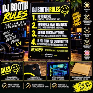 May include: A rectangular black sign with yellow text titled DJ BOOTH RULES. It lists four numbered rules regarding requests, drinks, equipment, and performance. The sign features a dripping smiley face icon and the text DJ MURPH and AFTERDARK SUPPLY CO. GB.