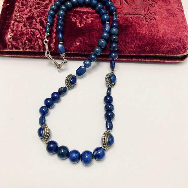 Vintage Lapis Lazuli & Collana di perline d'argento, collana in stile etnico tribale, gioielli Boho