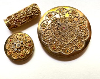 Mid-century makeup holder, Powder Compact rouge compact Lipstick holder, rhinestone and filigree decorated beauty items, Shabby Chic,damaged