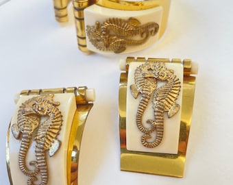 French 1930's Art Deco Demi - Parure ,SEAHORSE Cuff Bracelet And 2 Fur / Dress Clips, Jean Painleve ,White & Gold, Vintage Galalith Set