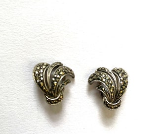 Classic Art Deco Marcasite Earrings, Sterling Silver clip Earrings, 1920's Vintage Earrings, Formal, bridal, Retro Earrings