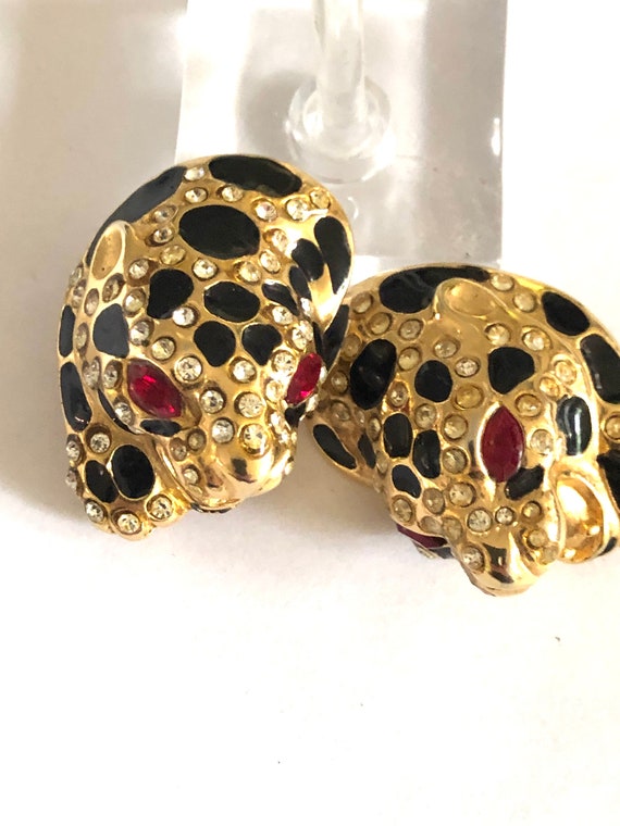 Leopard Earrings, Rhinestone and Enamel Vintage ,… - image 2
