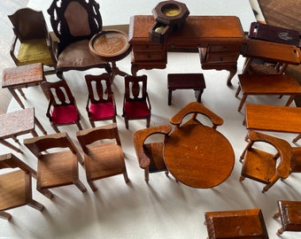 Group lot various hand made wooden dolls house furniture Vintage miniature furniture