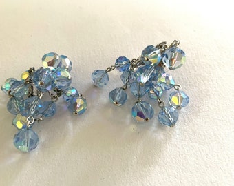 Blue Crystal Waterfall Chandelier Earrings, AB Crystal Beads, Clip On, Vintage Unsigned ,Excellent Condition