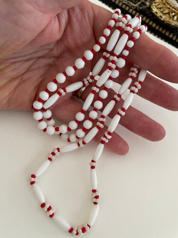 Vintage Bead necklace, Long Red and White Glass B… - image 6