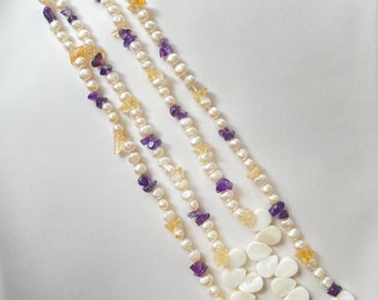 Long baroque Pearl,Amethyst,citrine and Mother of Pearl double strand necklace Vintage statement necklace