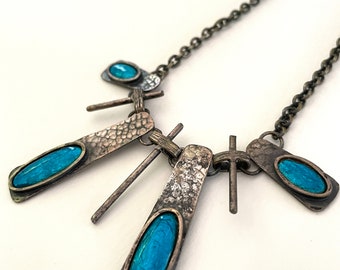 Retro 1960's Silvertone and Blue enamel Brutalist Necklace, Vintage Necklace, Blue & Silver Necklace