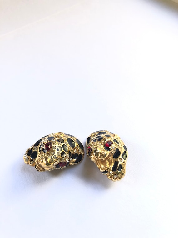 Leopard Earrings, Rhinestone and Enamel Vintage ,… - image 7