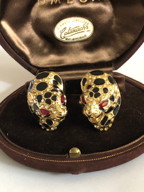Leopard Earrings, Rhinestone and Enamel Vintage ,… - image 1