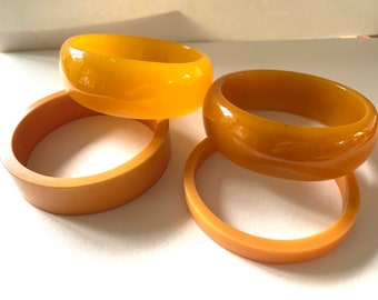 Vintage Bangle Stack, Yellow/Amber Bakelite Plastic Celluloid bangles Four bangles , instant collection
