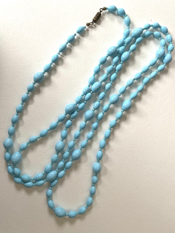 Flapper length Blue glass beads, Long Sky Blue Be… - image 2